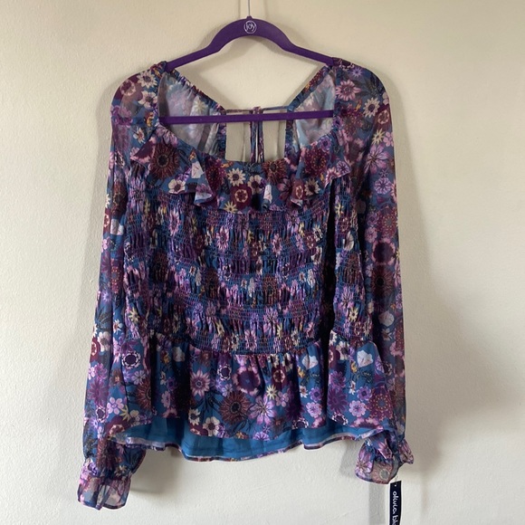Blue Purple Floral Lauren Conrad  Sheer Stretchy Top long sleeve 3x plus - Picture 2 of 7